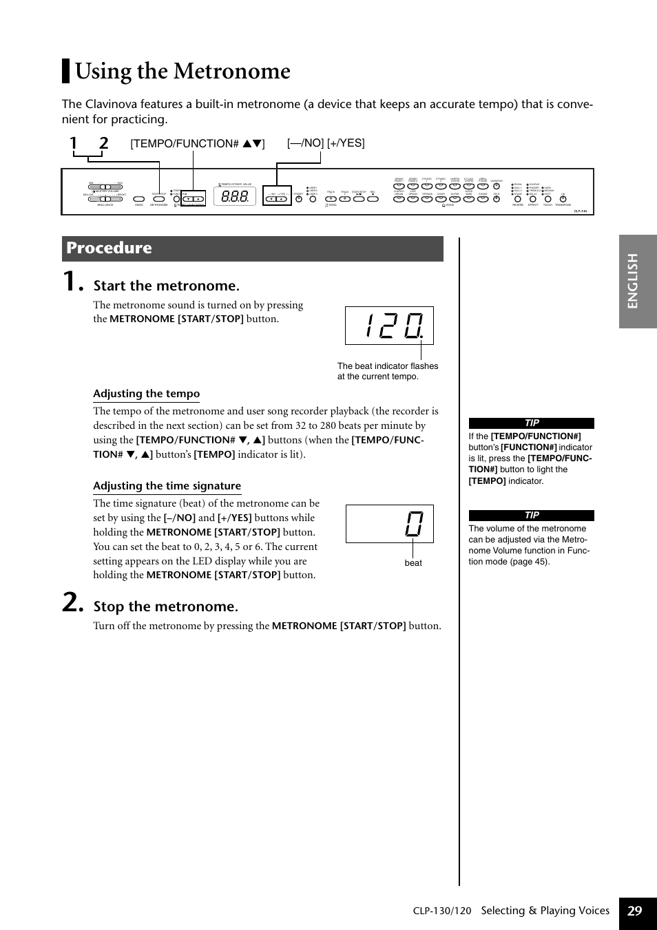 Using the metronome, P29, 38, Procedure | Start the metronome, Stop the metronome, English 29, Selecting & playing voices, The metronome sound is turned on by pressing the, Buttons (when the, Button’s | Yamaha CLP-130 User Manual | Page 29 / 80