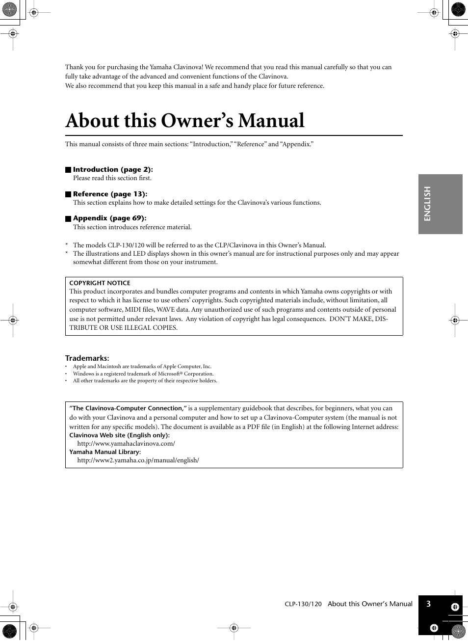 About this owner’s manual | Yamaha CLP-130 User Manual | Page 3 / 80