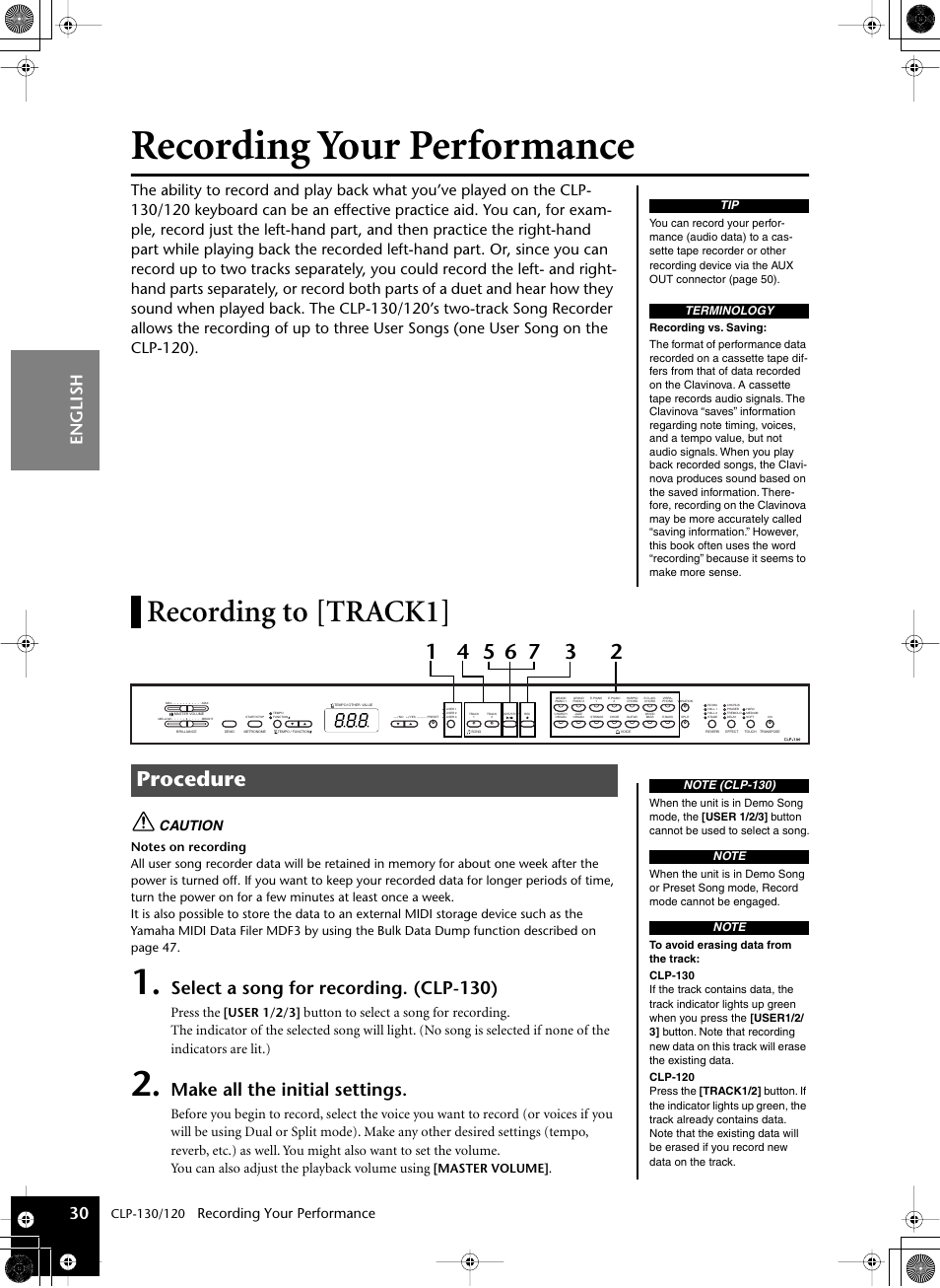 Recording your performance, Recording to [track1, Procedure | Select a song for recording. (clp-130), Make all the initial settings, English 30, Caution, Press the | Yamaha CLP-130 User Manual | Page 30 / 80