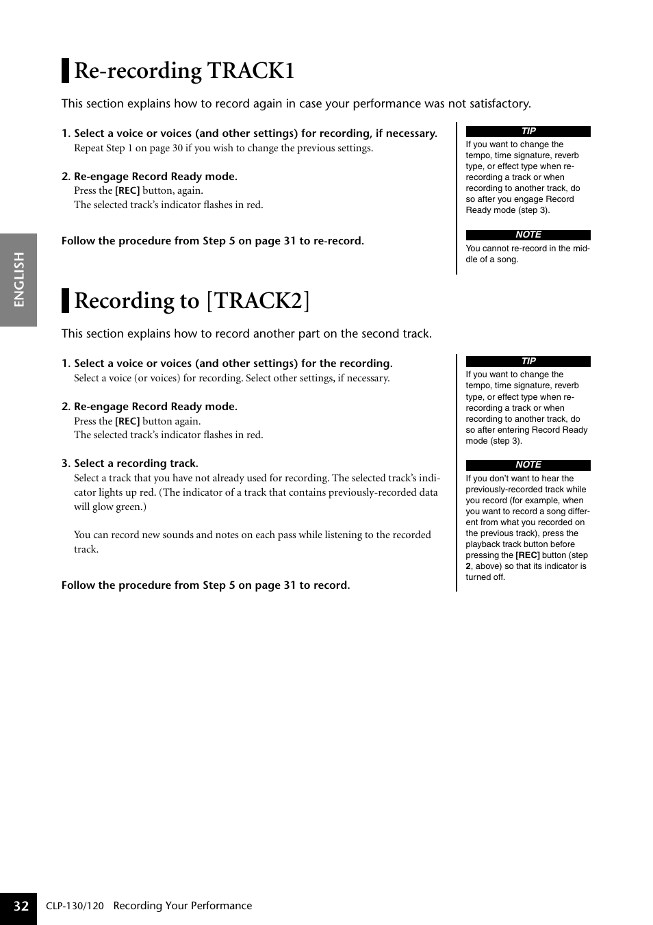 Re-recording track1, Recording to [track2, Re-recording track1 recording to [track2 | Yamaha CLP-130 User Manual | Page 32 / 80