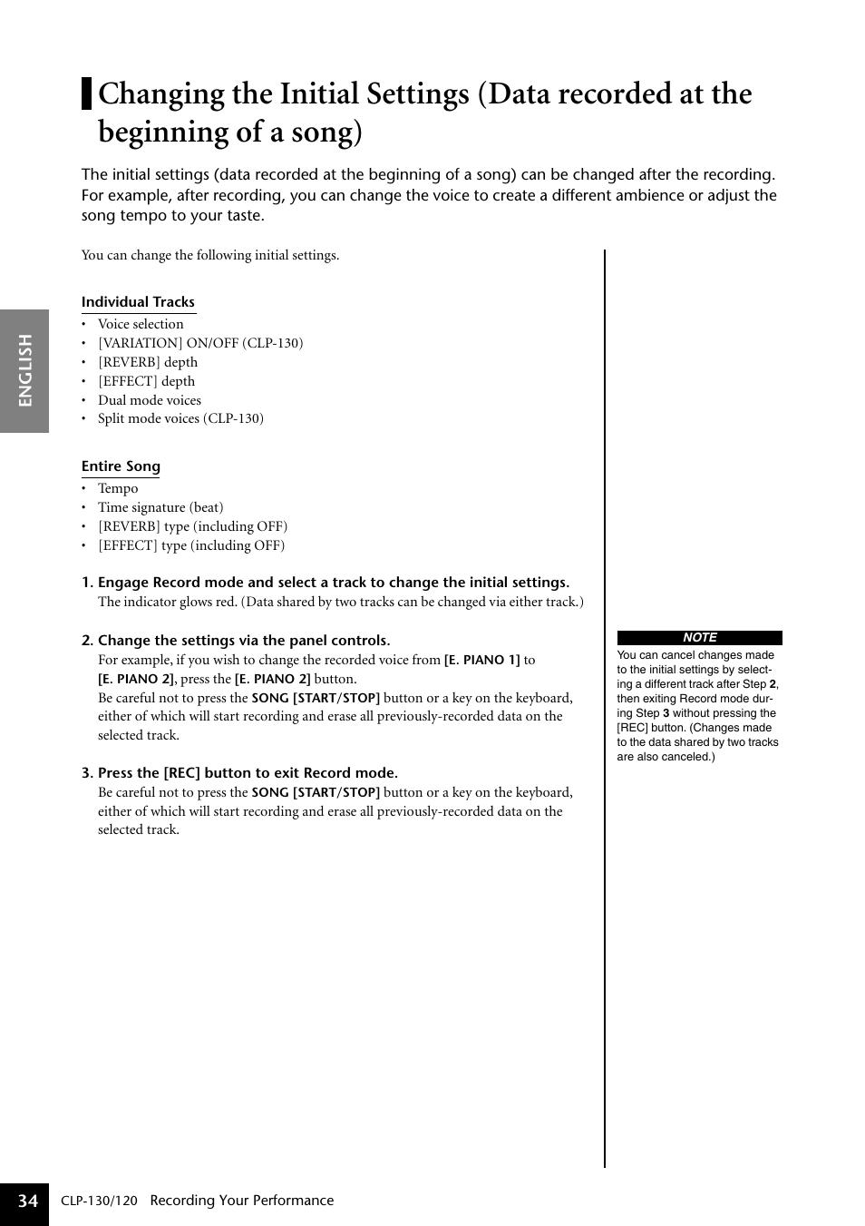 Changing the initial settings (data recorded at, The beginning of a song), Beginning of a song) | Yamaha CLP-130 User Manual | Page 34 / 80