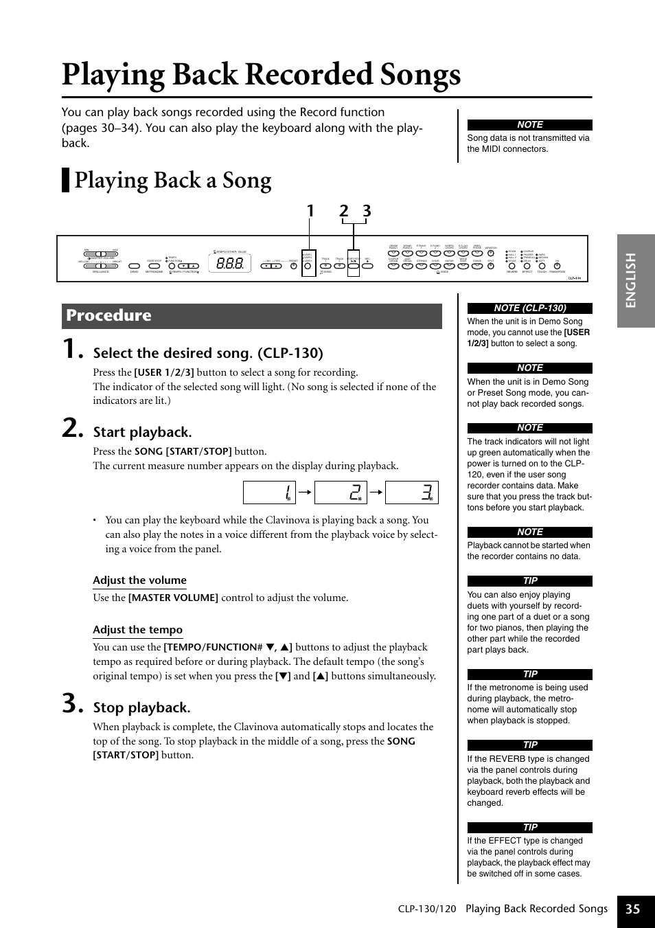 Playing back recorded songs, Playing back a song, Procedure | Select the desired song. (clp-130), Start playback, Stop playback, English 35, Press the, Buttons simultaneously, Button | Yamaha CLP-130 User Manual | Page 35 / 80