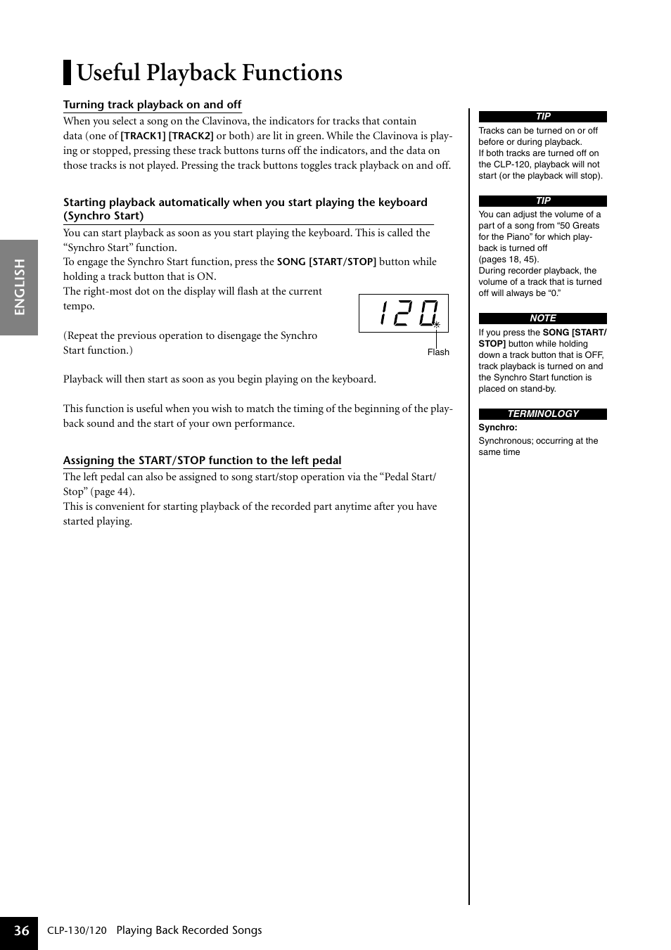 Useful playback functions, English 36 | Yamaha CLP-130 User Manual | Page 36 / 80