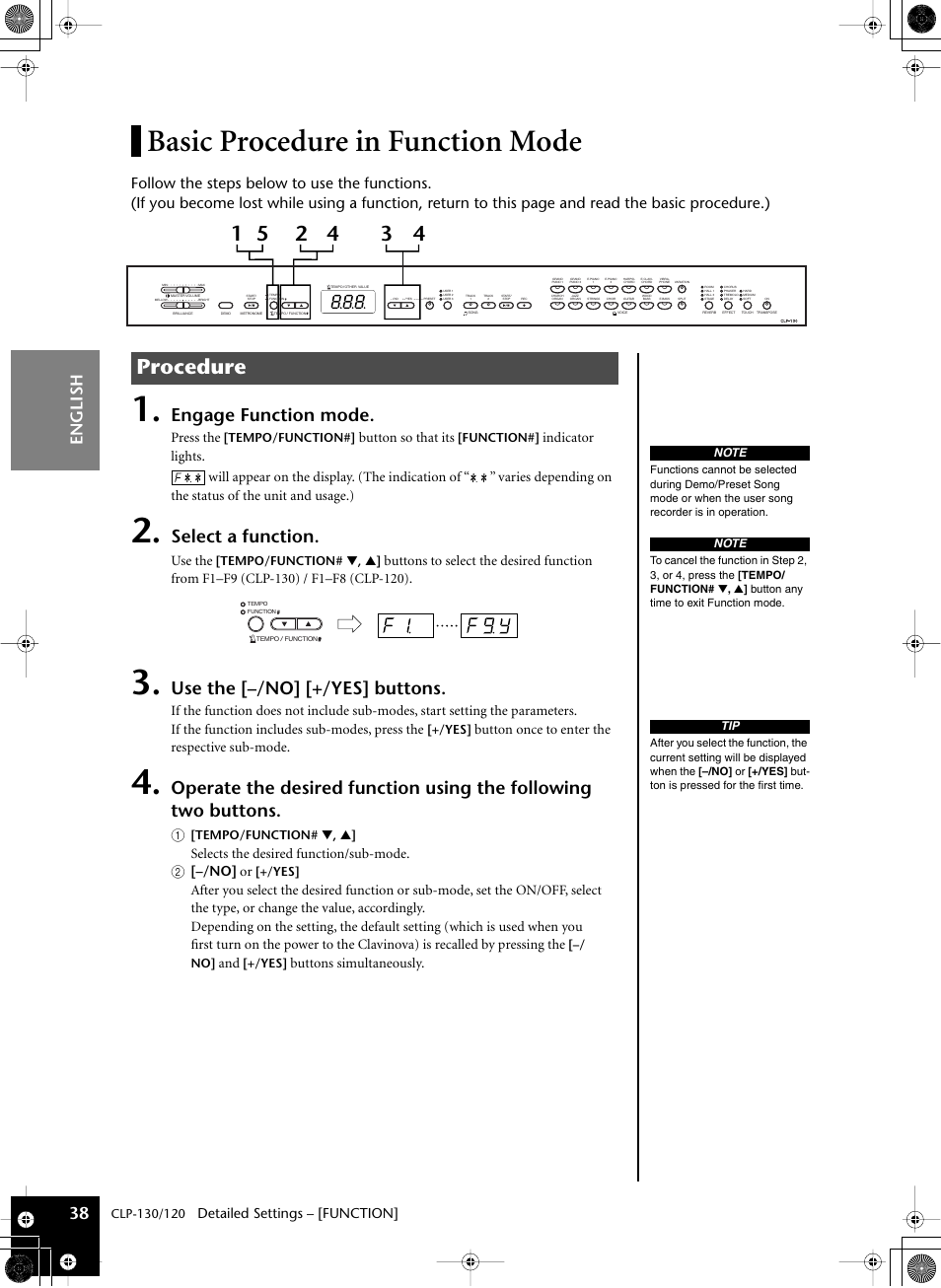 Basic procedure in function mode, Procedure, Engage function mode | Select a function, Use the [–/no] [+/yes] buttons, English 38 | Yamaha CLP-130 User Manual | Page 38 / 80