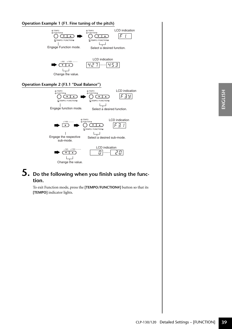 English 39, Detailed settings – [function, Button so that its | Indicator lights | Yamaha CLP-130 User Manual | Page 39 / 80