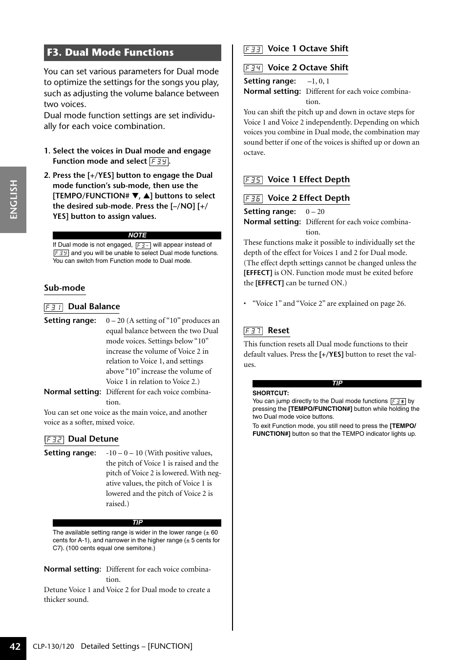 F3. dual mode functions, English 42 | Yamaha CLP-130 User Manual | Page 42 / 80