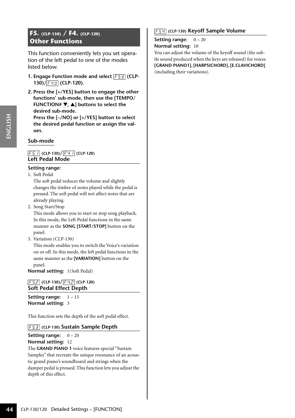 F5. (clp-130) / f4. (clp-120) other functions, Clp-130) / f4. (clp-120) other functions, Other functions | Yamaha CLP-130 User Manual | Page 44 / 80