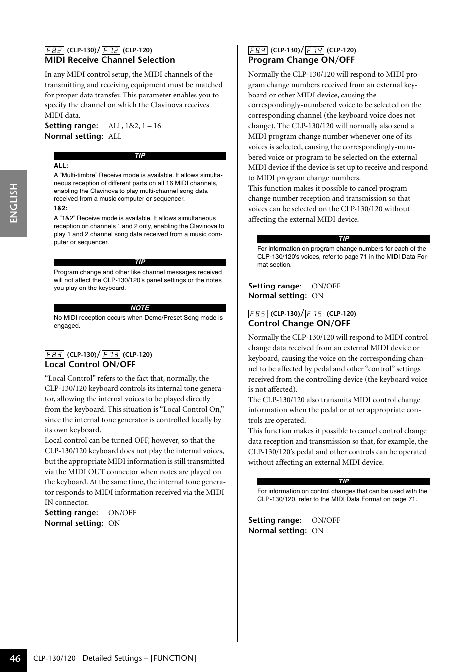 English 46 | Yamaha CLP-130 User Manual | Page 46 / 80