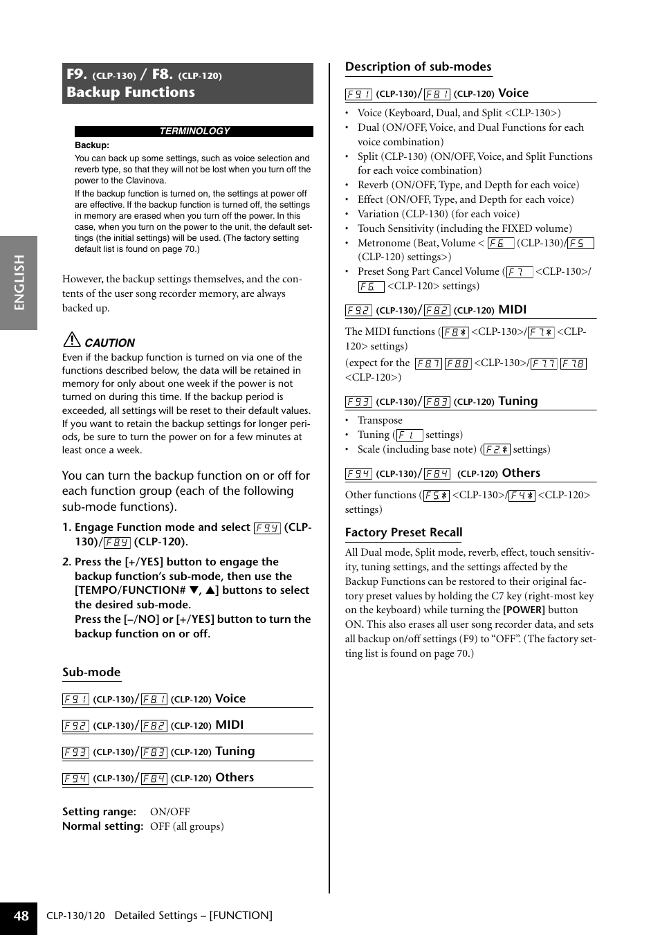 F9. (clp-130) / f8. (clp-120) backup functions, Clp-130) / f8. (clp-120) backup functions, Backup functions | English 48 | Yamaha CLP-130 User Manual | Page 48 / 80