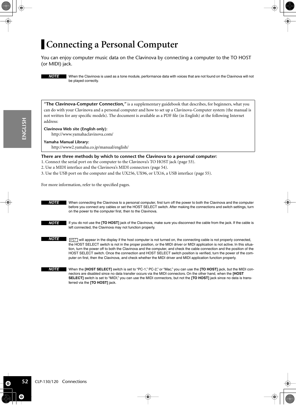 Connecting a personal computer, English 52 | Yamaha CLP-130 User Manual | Page 52 / 80