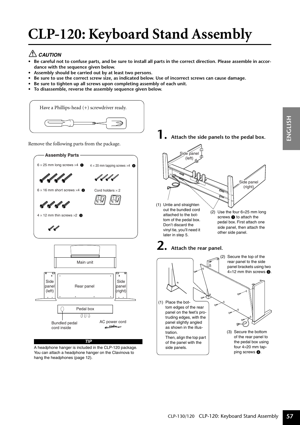 Clp-120: keyboard stand assembly, English 57 | Yamaha CLP-130 User Manual | Page 57 / 80