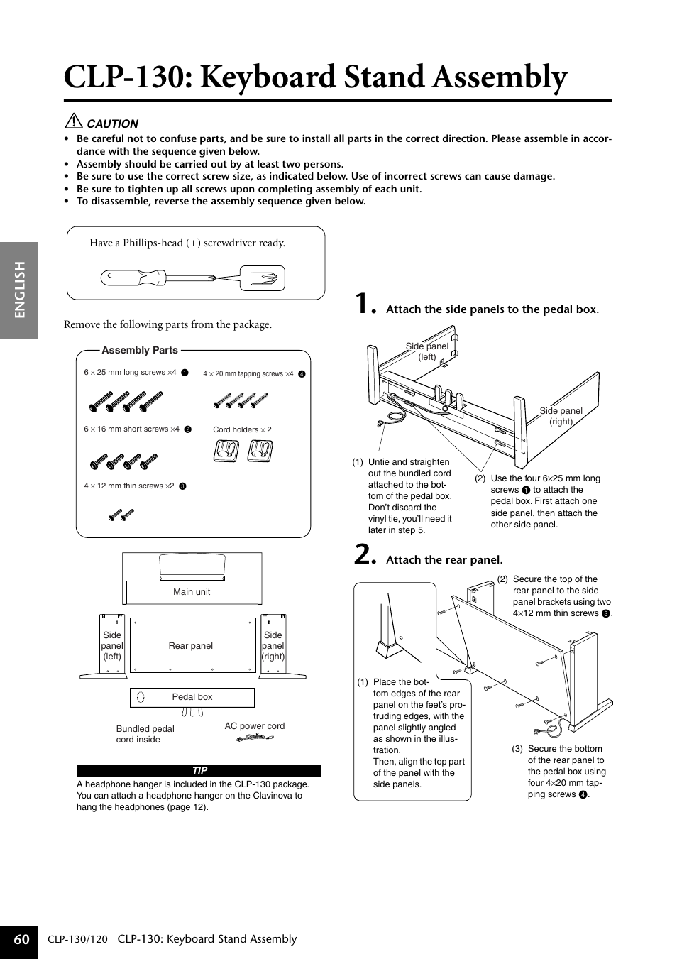 Clp-130: keyboard stand assembly, English 60 | Yamaha CLP-130 User Manual | Page 60 / 80