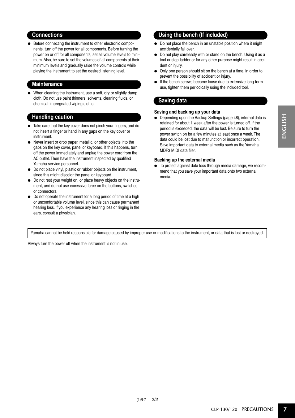 English 7 | Yamaha CLP-130 User Manual | Page 7 / 80