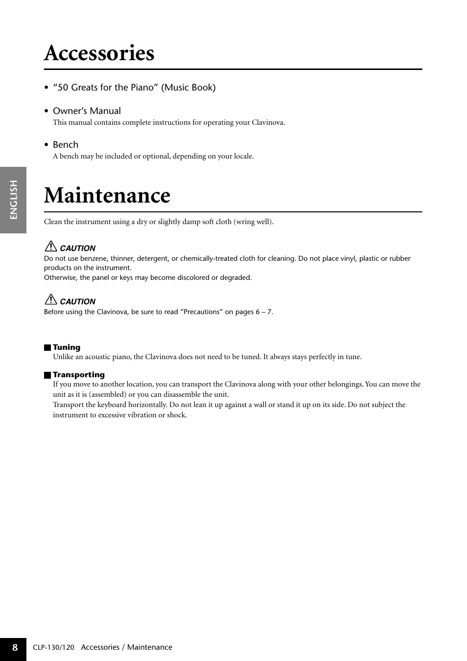 Accessories, Maintenance, Features | Yamaha CLP-130 User Manual | Page 8 / 80