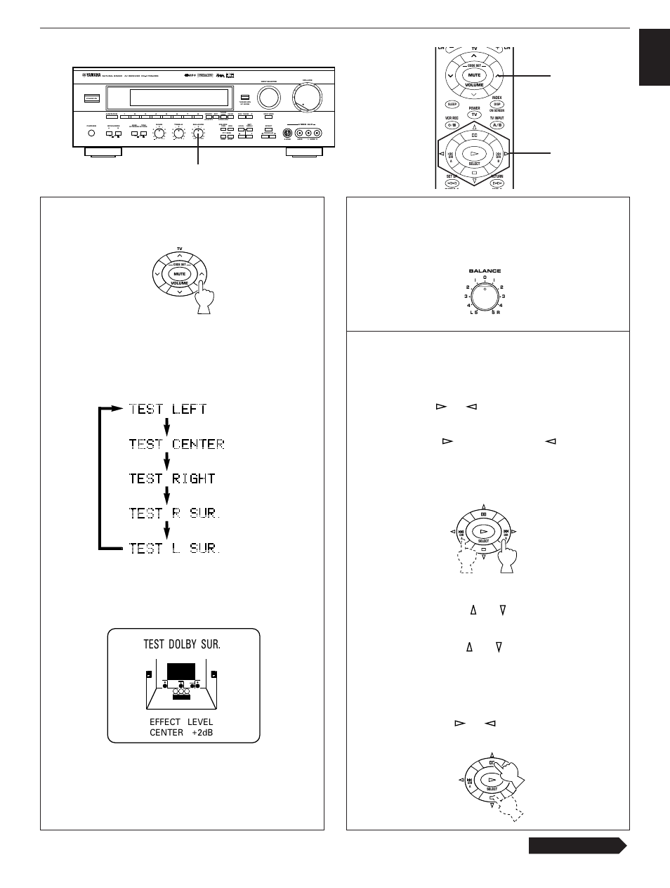 English, Continued, Test dolby sur | Main (l) main (r) center rear (l) rear (r), Aon off on off b, Preset, Sleep auto, Normal widephantom 40 60, Db ms, Preparation | Yamaha RX-V795aRDS User Manual | Page 33 / 88