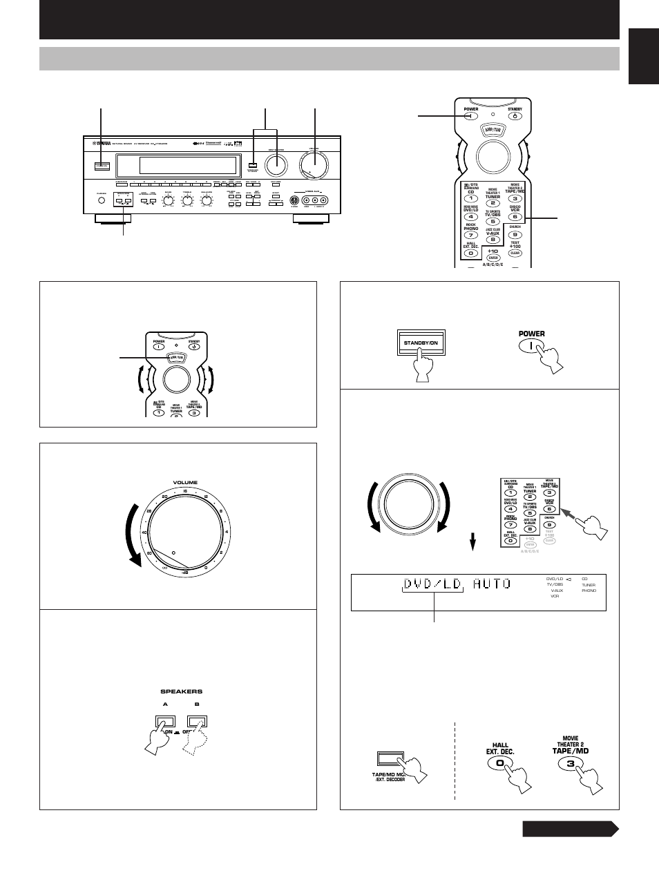 Basic operation, Playing a source, English | Continued, Aon off on off b, Preset, Sleep auto, Normal widephantom 40 60, Db ms, Set to the | Yamaha RX-V795aRDS User Manual | Page 35 / 88