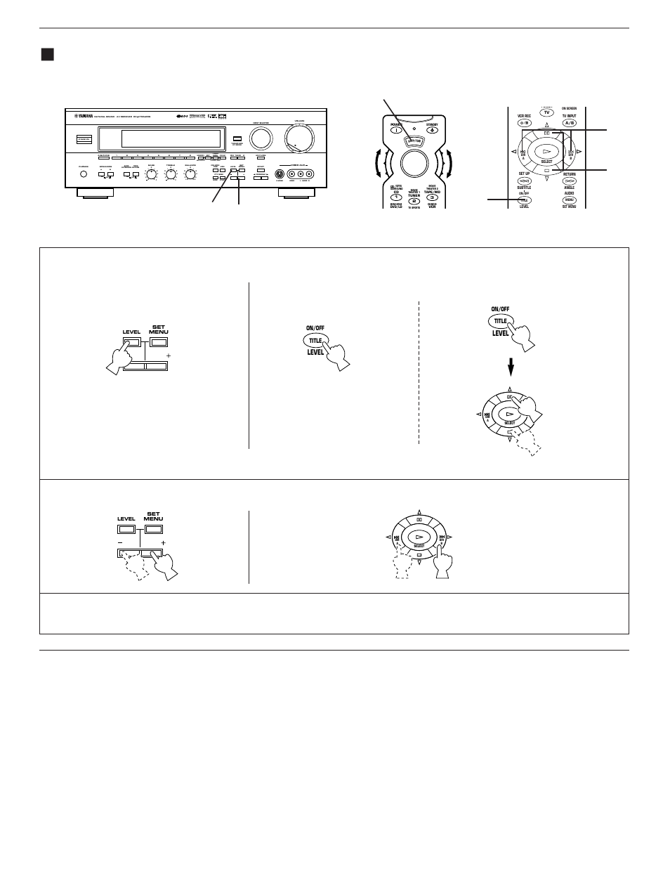 Method of adjustment, Adjust the level on the selected speaker(s), Press once or more | Press once or more. press once, Select “amp/tun, Aon off on off b, Preset, Sleep auto, Normal widephantom 40 60, Db ms | Yamaha RX-V795aRDS User Manual | Page 54 / 88