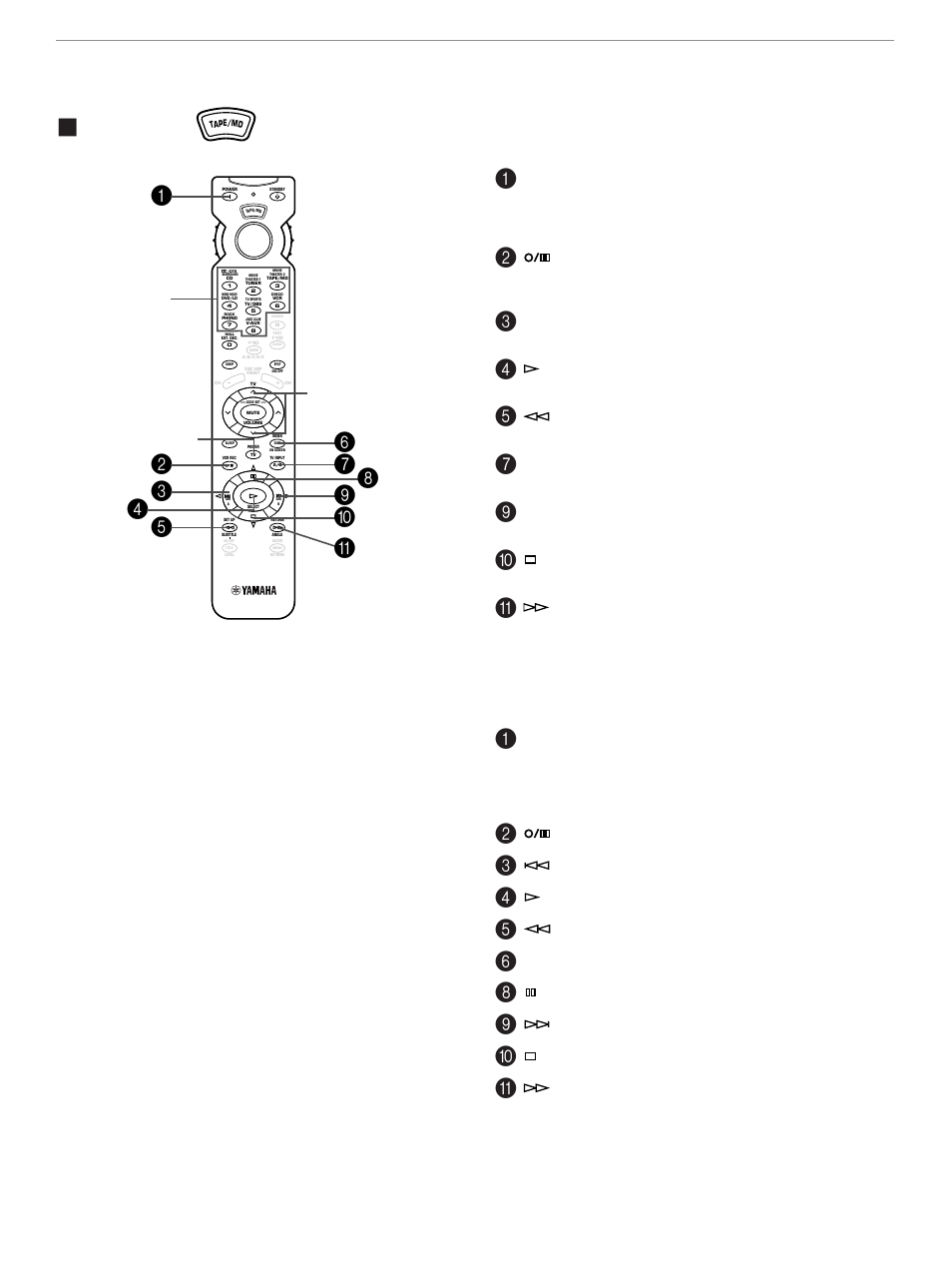 Tape/md, For md recorders, Tv power) input (tv volume) | Play press this key to play a tape, Rewind press this key to rewind a tape, Stop press this key to stop a tape, Fast forward press this key to fast forward a tape, Enter the proper code for your md recorder, Rec/pause, Skip | Yamaha RX-V795aRDS User Manual | Page 70 / 88