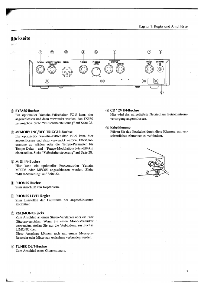 Rückseite, Bypass-buchse, Memory inc/dec trigger-buchse | Midi in-buchse, Phones-buchse, Phones level-regler, R&l(mono) jacks, Cd 12v in-buchse, Kabelklemme, Tuner out-buchse | Yamaha FX550 User Manual | Page 105 / 150