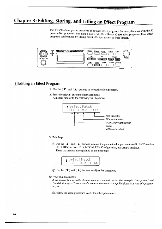T] editing an effect program, Q] editing an effect program | Yamaha FX550 User Manual | Page 12 / 150