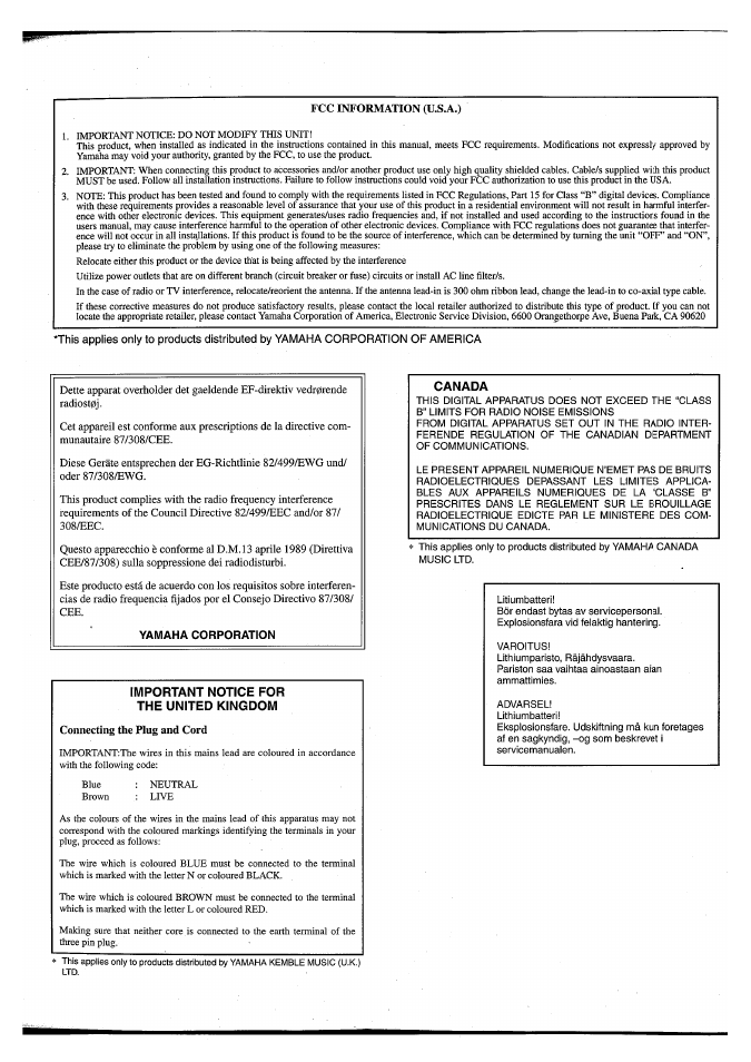 Important notice for the united kingdom, Canada | Yamaha FX550 User Manual | Page 2 / 150