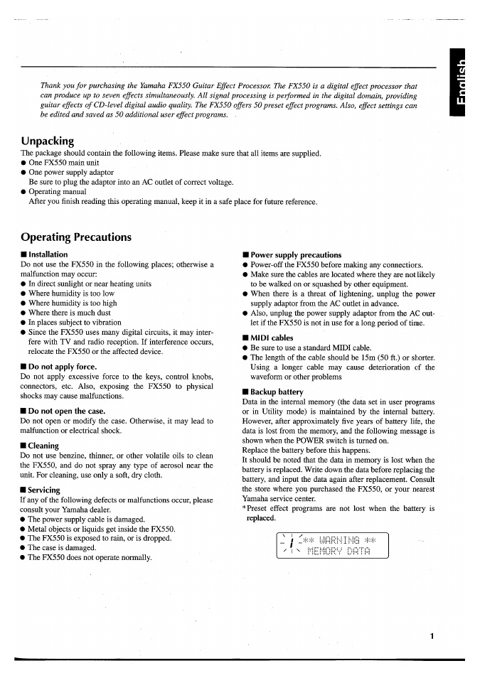 Unpacking, Operating precautions, Midi cables | Yamaha FX550 User Manual | Page 3 / 150