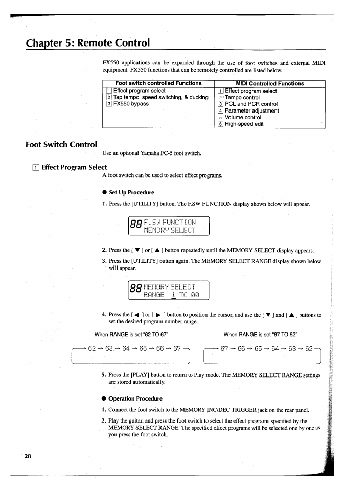 Chapter 5: remote control, Foot switch control, Set up procedure | Operation procedure | Yamaha FX550 User Manual | Page 30 / 150