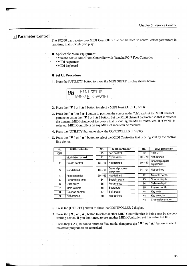 Applicable midi equipment, Set up procedure, G] parameter control | Yamaha FX550 User Manual | Page 37 / 150