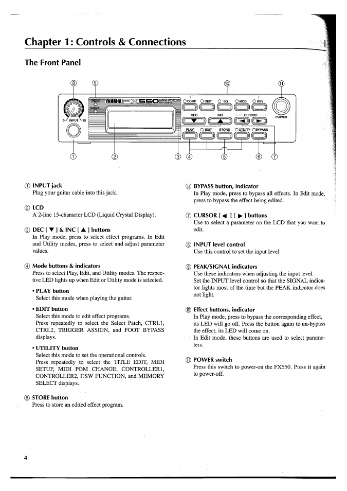 Chapter 1: controls & connections, The front panel, Input jack | Dec [ t ] & inc [ a ] buttons, Mode buttons & indicators, Play button, Edit button, Utility button, Bypass button, indicator, Cursor [m ] [ ► ] buttons | Yamaha FX550 User Manual | Page 6 / 150