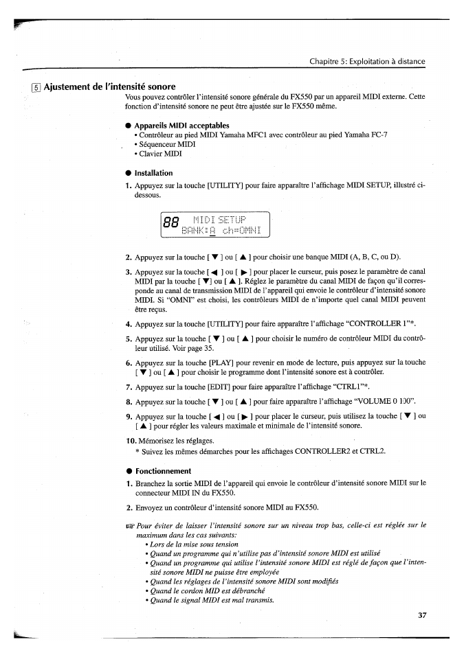 Appareils midi acceptables, Installation, Fonctionnement | Yamaha FX550 User Manual | Page 88 / 150