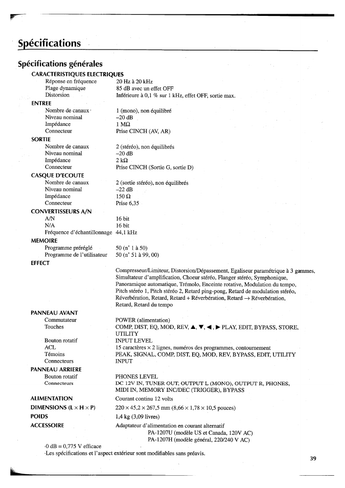 Spécifications, Convertisseurs a/n, Specification | Yamaha FX550 User Manual | Page 90 / 150