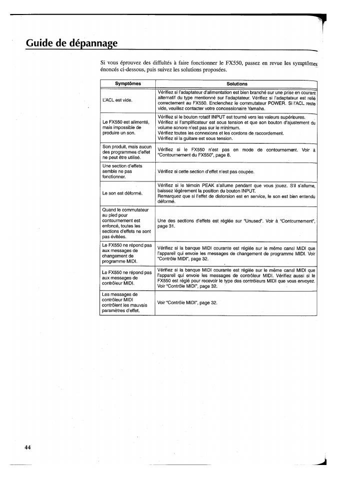 Guide de dépannage | Yamaha FX550 User Manual | Page 95 / 150