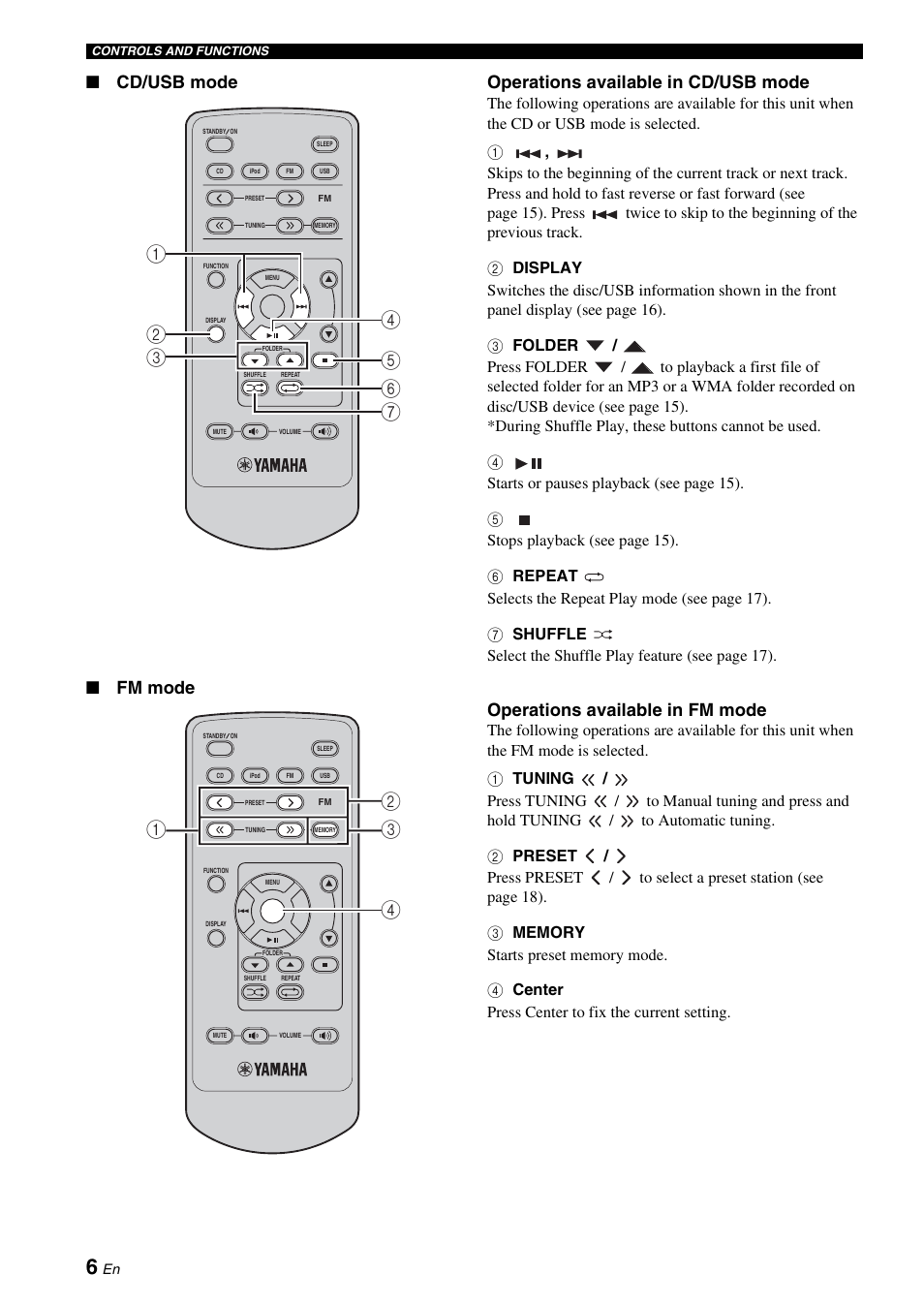 Cd/usb mode operations available in cd/usb mode, Fm mode operations available in fm mode | Yamaha CRX-330 User Manual | Page 10 / 32