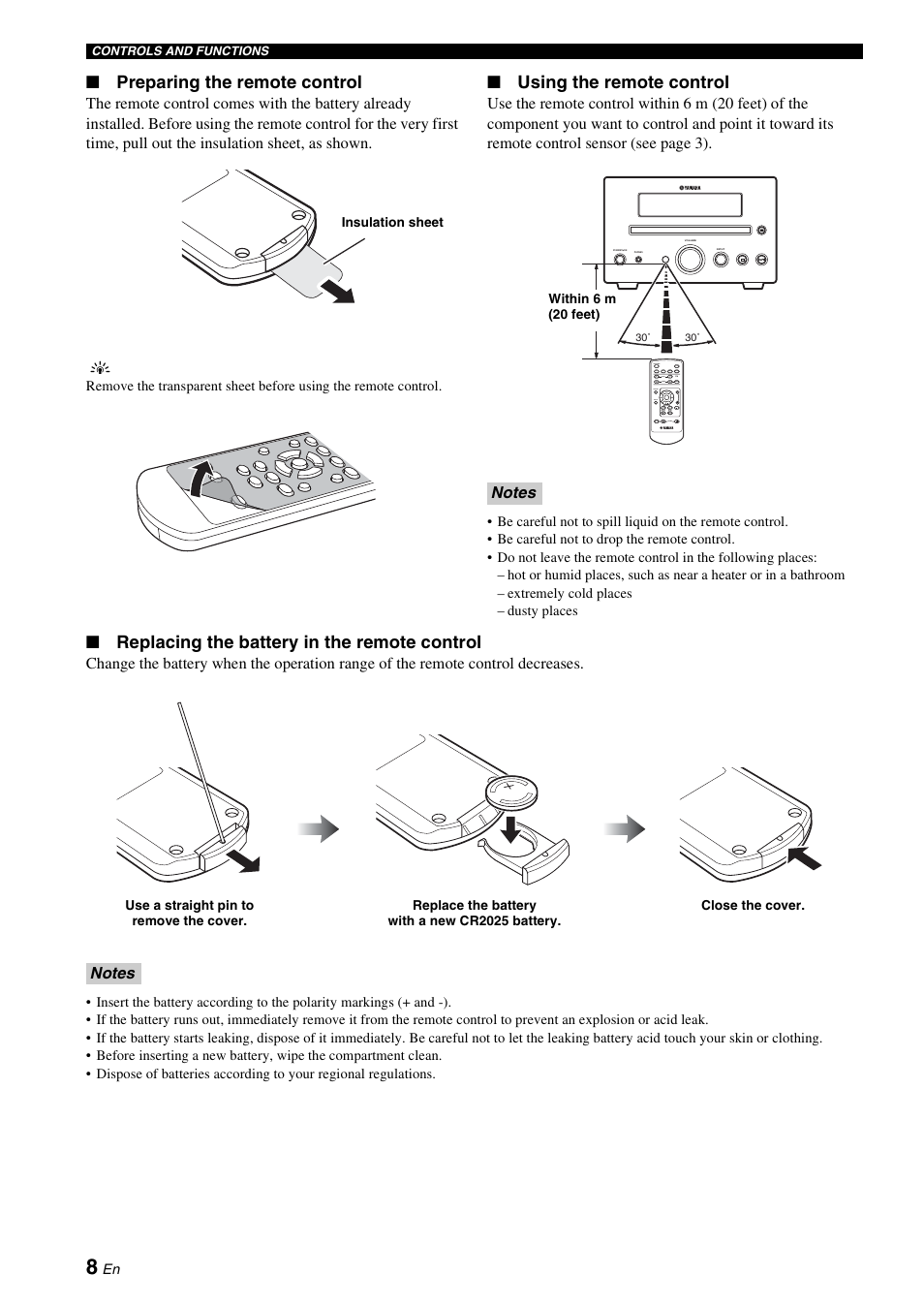 Preparing the remote control, Using the remote control, Replacing the battery in the remote control | Yamaha CRX-330 User Manual | Page 12 / 32