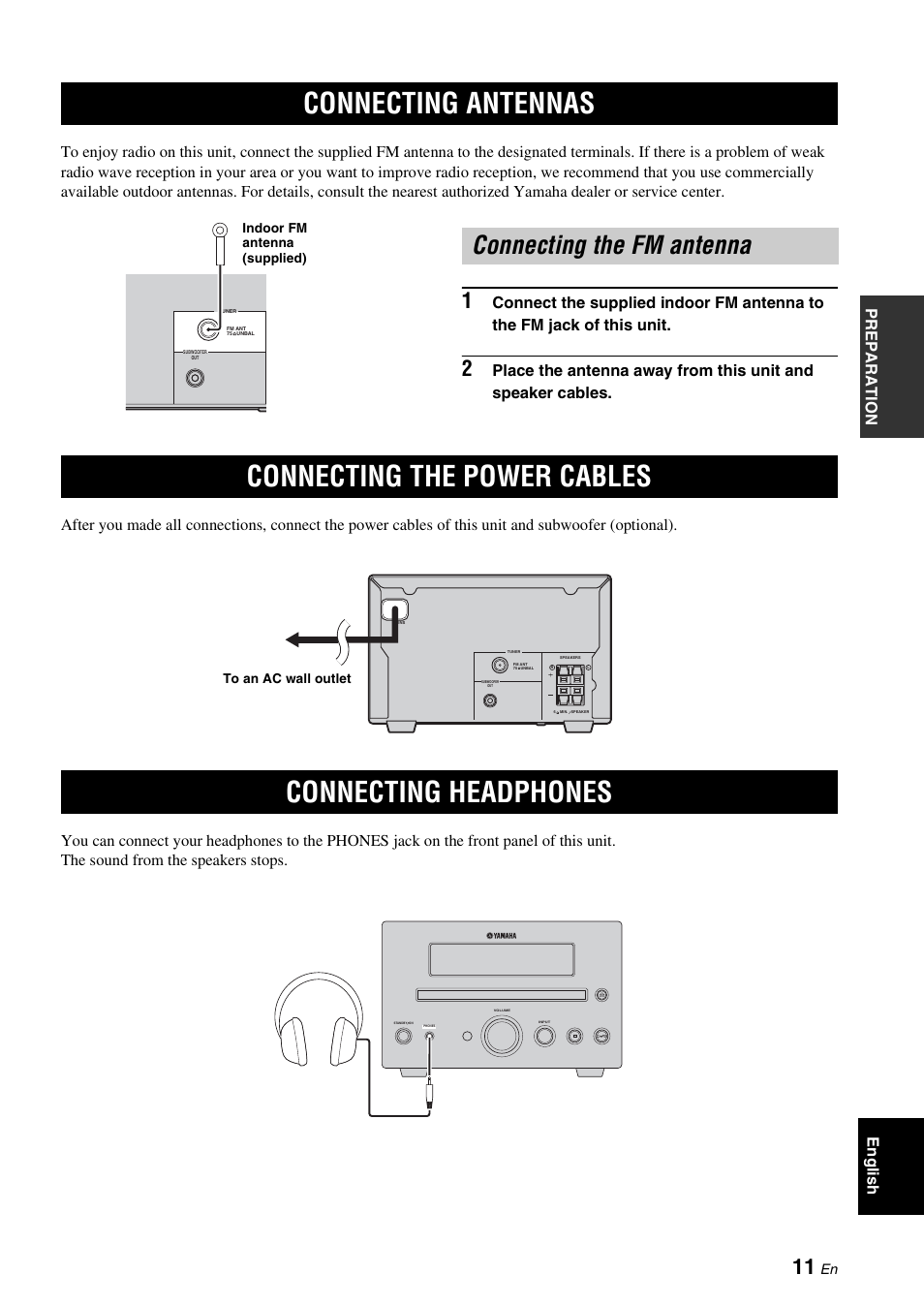 Connecting antennas, Connecting the fm antenna, Connecting the power cables | Connecting headphones, Connecting the power cables connecting headphones | Yamaha CRX-330 User Manual | Page 15 / 32