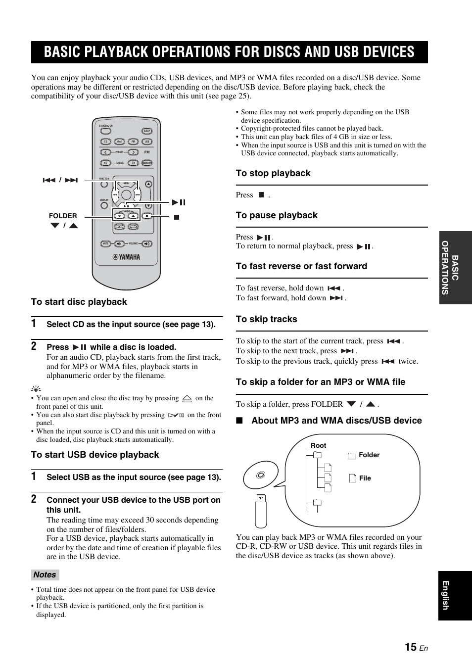 Basic playback operations for discs, And usb devices, About mp3 and wma discs/usb device | Yamaha CRX-330 User Manual | Page 19 / 32