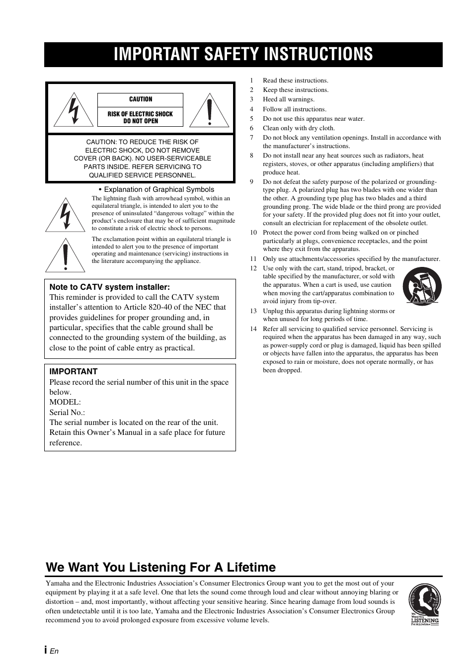 Important safety instructions, We want you listening for a lifetime | Yamaha CRX-330 User Manual | Page 2 / 32