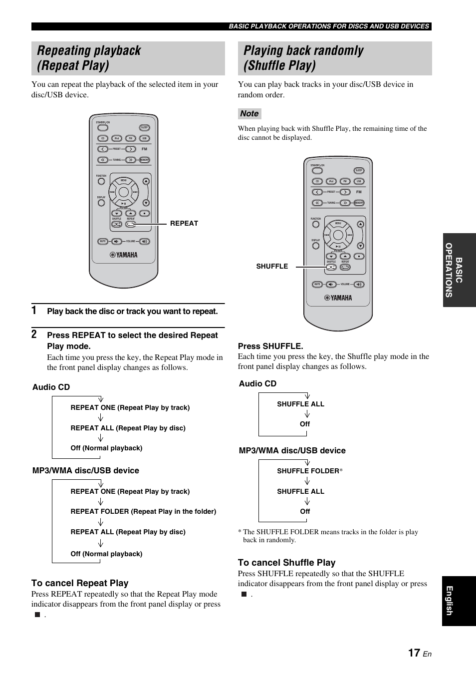 Repeating playback (repeat play), Playing back randomly (shuffle play), Play back the disc or track you want to repeat | Audio cd, Mp3/wma disc/usb device | Yamaha CRX-330 User Manual | Page 21 / 32