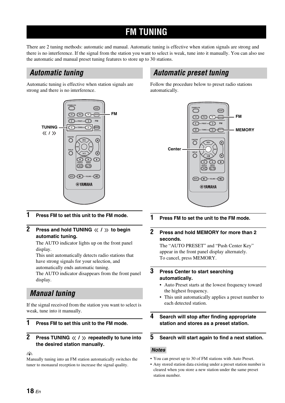 Tuner operations, Fm tuning, Automatic tuning | Manual tuning, Automatic preset tuning, Automatic tuning manual tuning, Press fm to set this unit to the fm mode, Press fm to set the unit to the fm mode, Search will start again to find a next station | Yamaha CRX-330 User Manual | Page 22 / 32