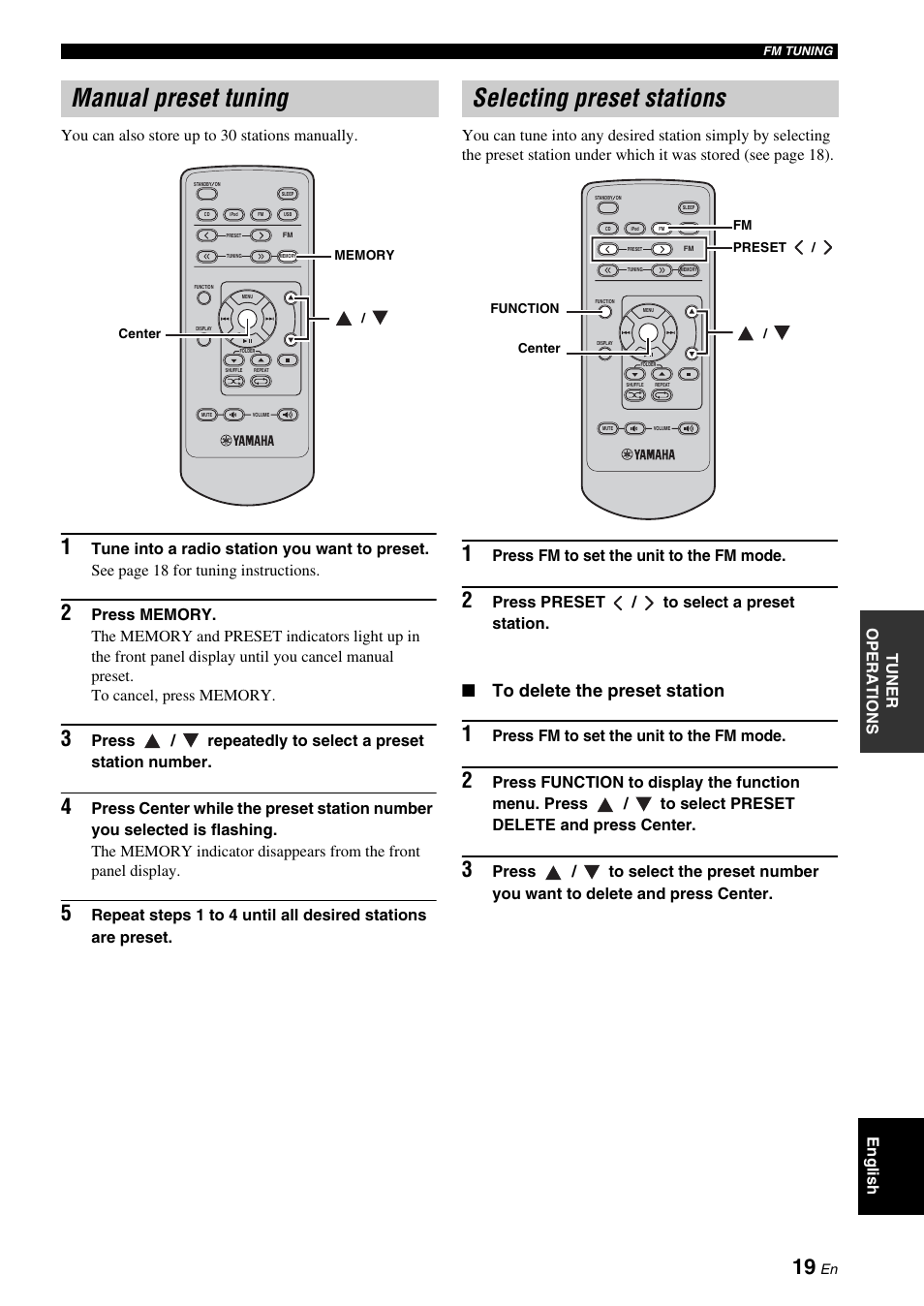 Manual preset tuning, Selecting preset stations, Manual preset tuning selecting preset stations | Press fm to set the unit to the fm mode, Press preset / to select a preset station | Yamaha CRX-330 User Manual | Page 23 / 32