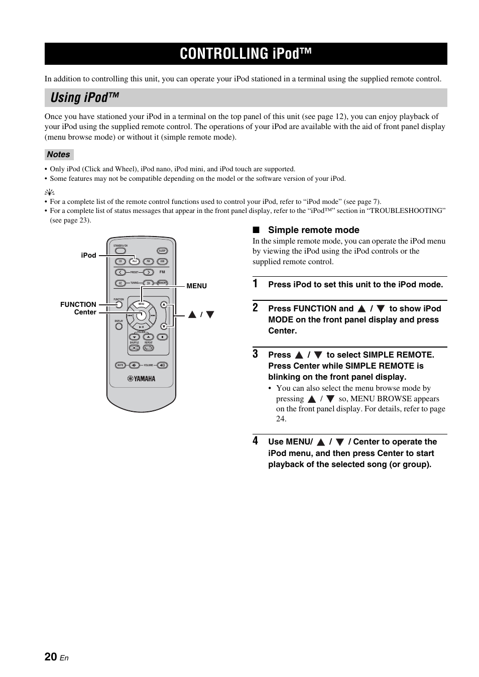 Other operations, Controlling ipod, Using ipod | Simple remote mode | Yamaha CRX-330 User Manual | Page 24 / 32
