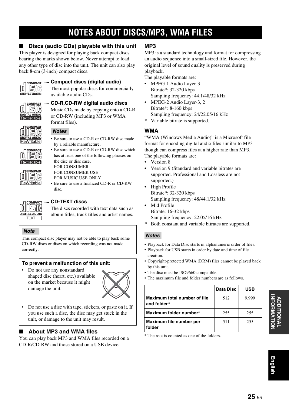 Notes about discs/mp3, wma files | Yamaha CRX-330 User Manual | Page 29 / 32