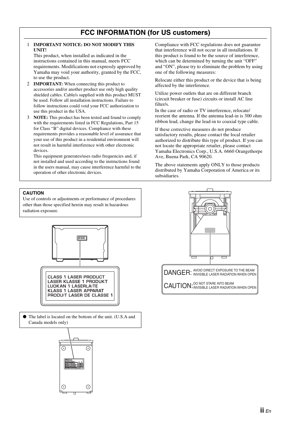 Fcc information (for us customers), Danger: caution | Yamaha CRX-330 User Manual | Page 3 / 32