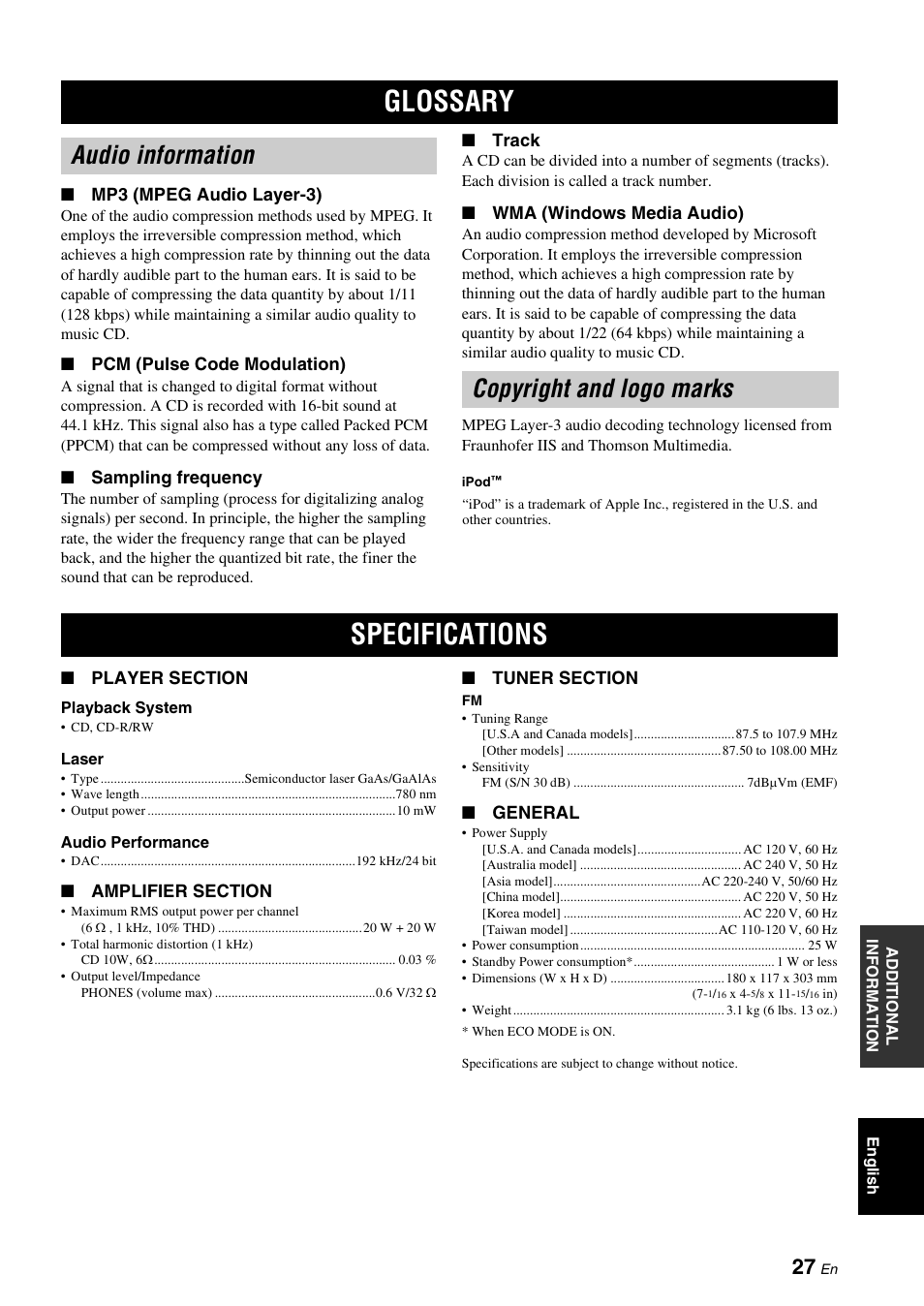 Glossary, Audio information, Copyright and logo marks | Specifications, Audio information copyright and logo marks | Yamaha CRX-330 User Manual | Page 31 / 32