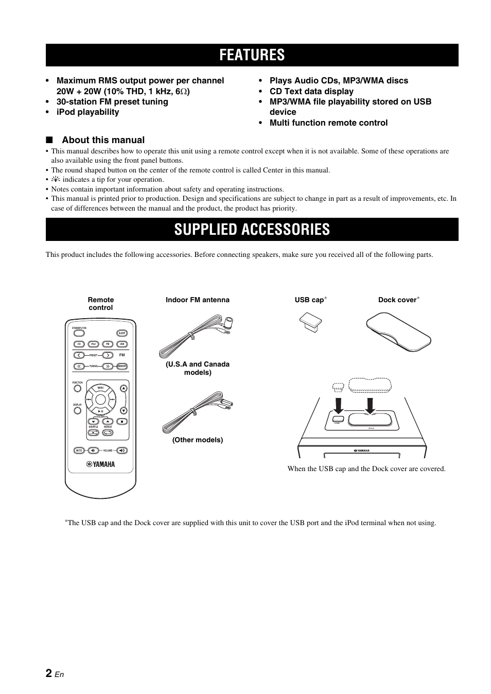 Introduction, Features, Supplied accessories | Features supplied accessories, About this manual | Yamaha CRX-330 User Manual | Page 6 / 32