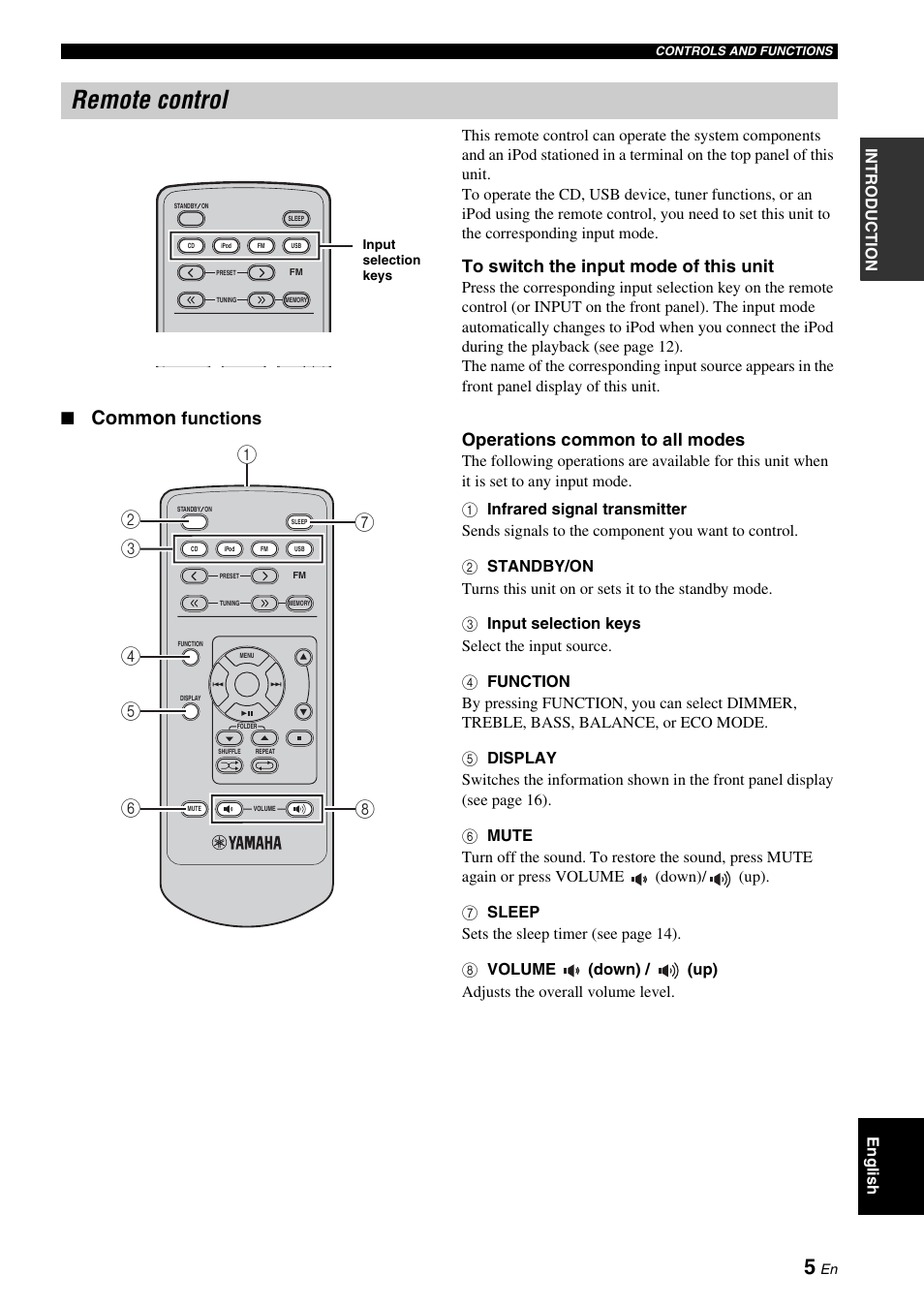 Remote control, Common, Functions operations common to all modes | Yamaha CRX-330 User Manual | Page 9 / 32