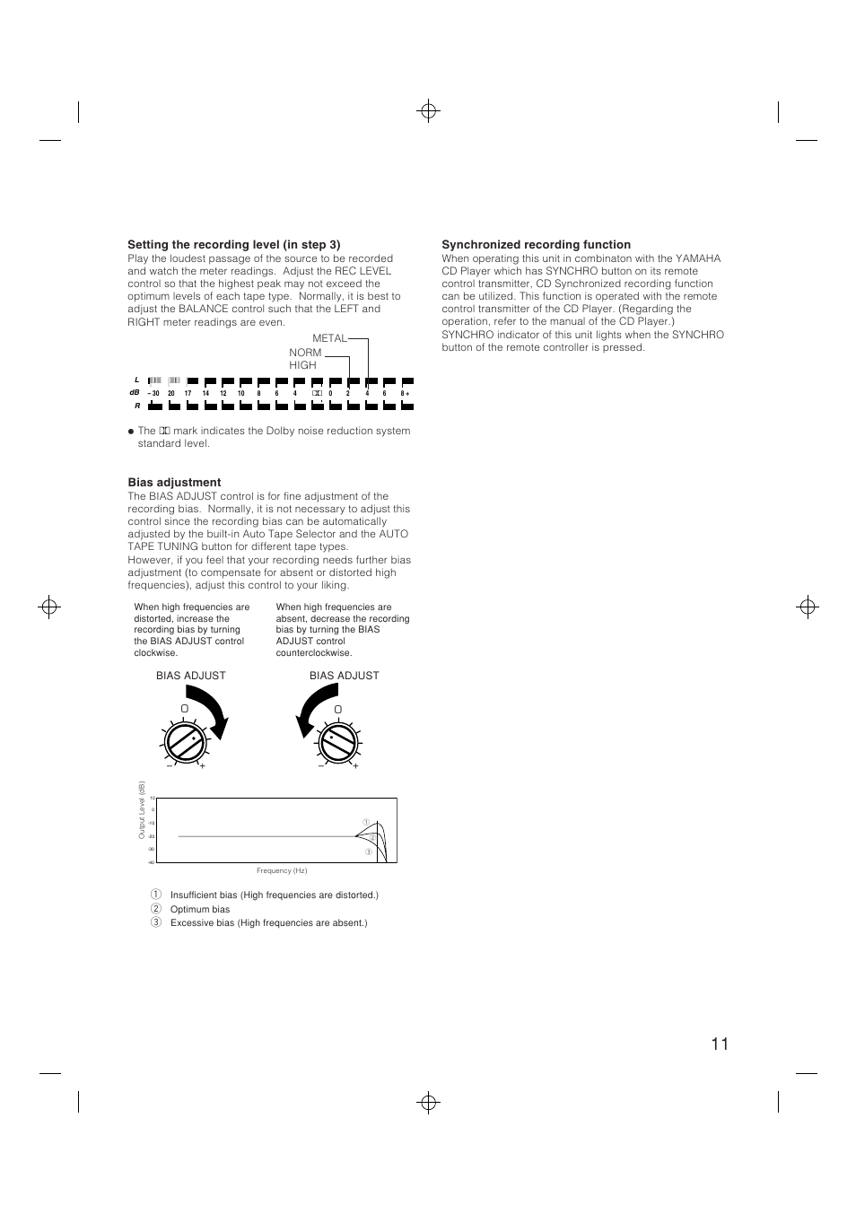 Setting the recording level (in step 3), Bias adjustment, Synchronized recording function | Yamaha YHT-580 User Manual | Page 11 / 18