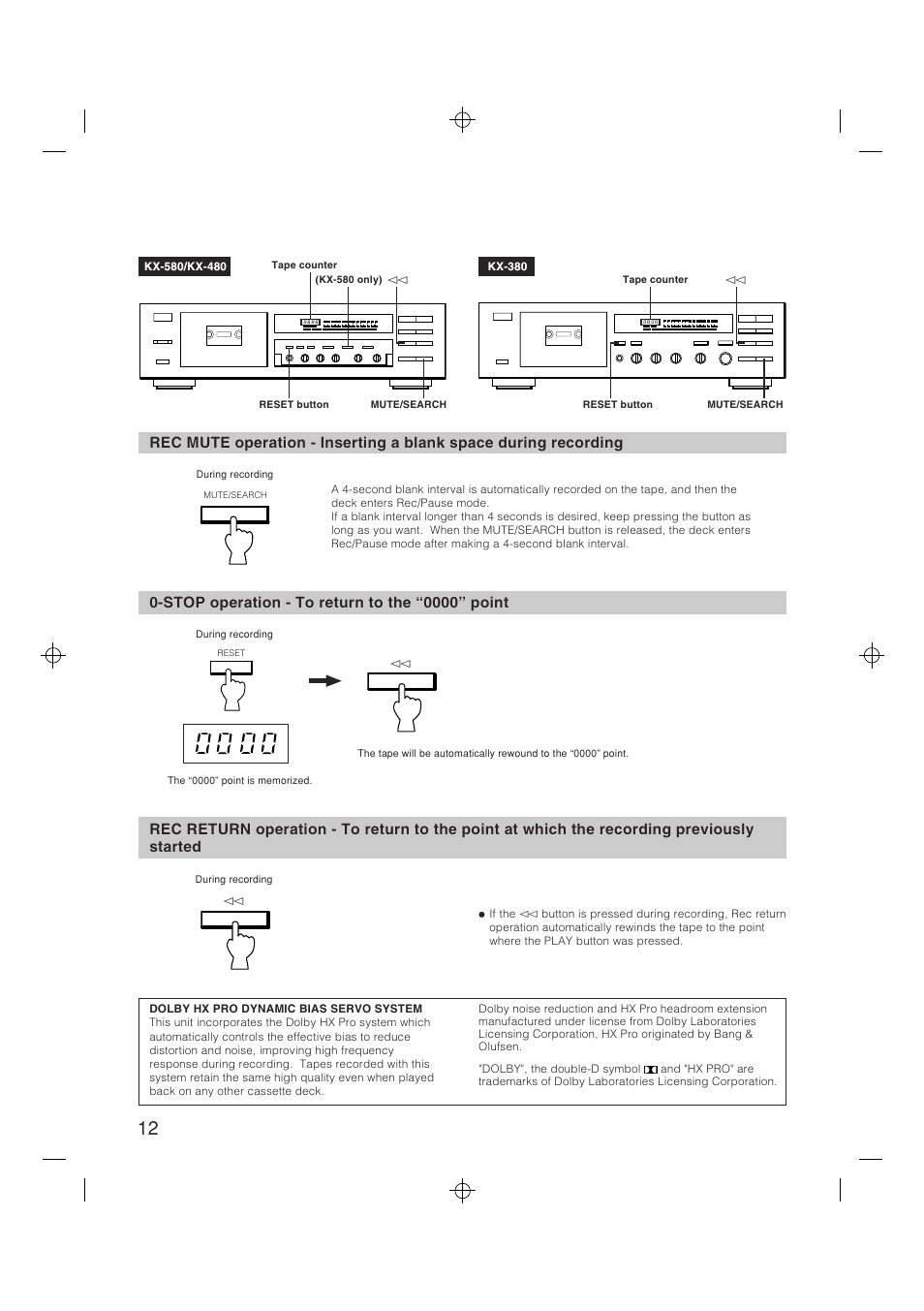 Rec mute operation, Stop operation, Rec return operation | Yamaha YHT-580 User Manual | Page 12 / 18