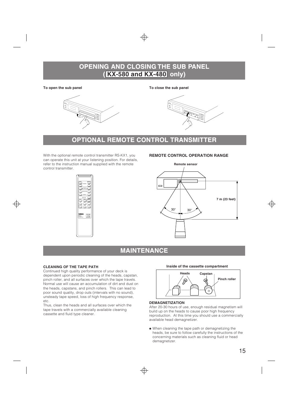 Optional remote control transmitter, Maintenance, Rec/pause | Rec mute, Remote control operation range | Yamaha YHT-580 User Manual | Page 15 / 18