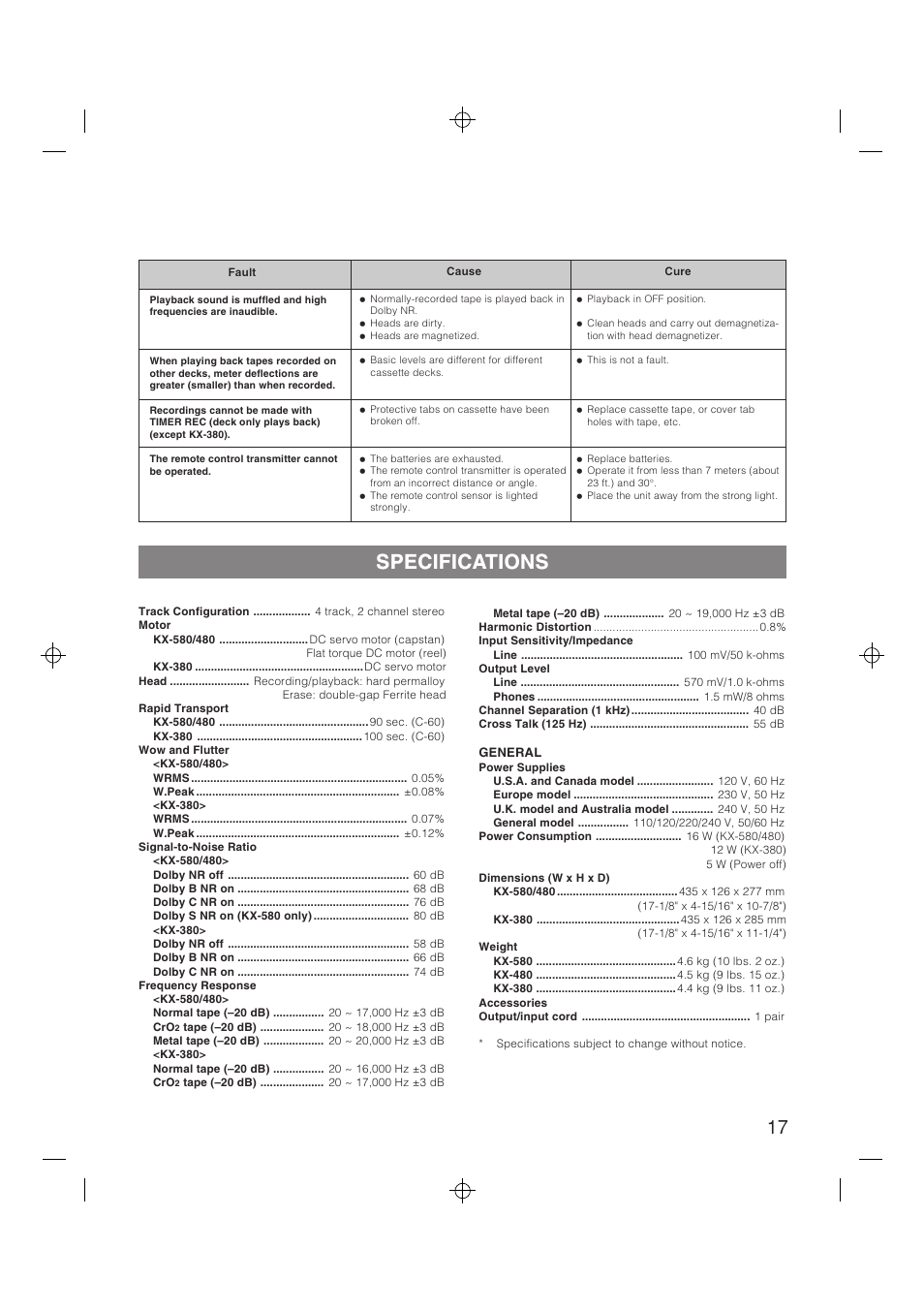 Specifications | Yamaha YHT-580 User Manual | Page 17 / 18